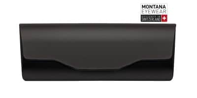 Zwart brillenetui van Montana Eyewear met logo en tekst Designed in Switzerland.