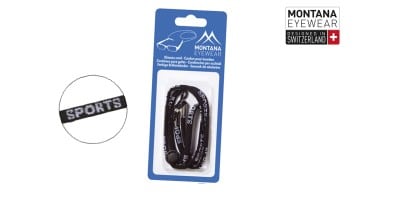 Montana Eyewear zwart brillenkoord met opdruk SPORTS, verpakt op blauwe kaart, ontworpen in Zwitserland