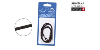 Zwarte brillenkoord in blauw verpakkingskarton van Montana Eyewear, ontworpen in Zwitserland.