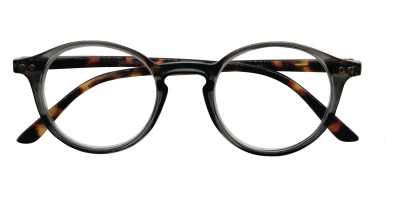 Ronde glazen bril met donkere, glanzende frame en tortoise-achtige poten.